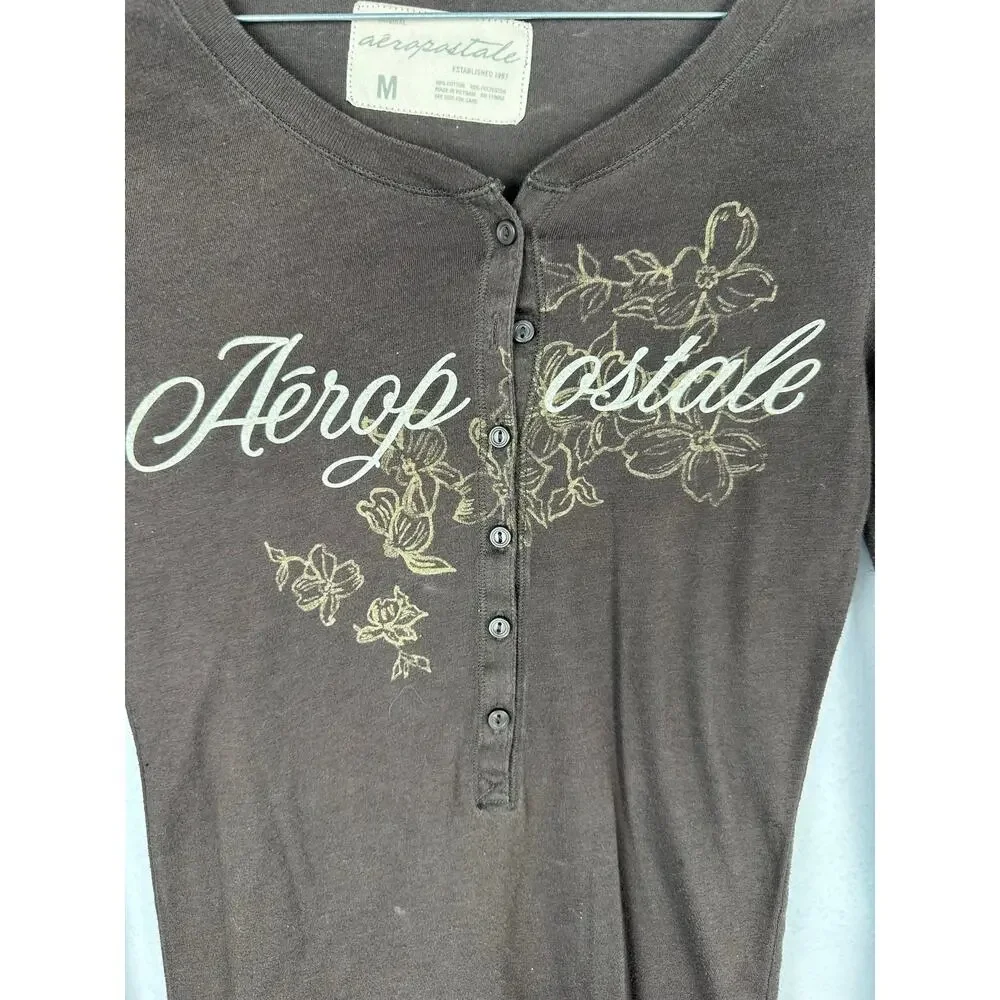 Aéropostale Women's Floral Script Long Sleeve Brown Henley Shirt vtg Y2K Medium - Picture 3 of 7